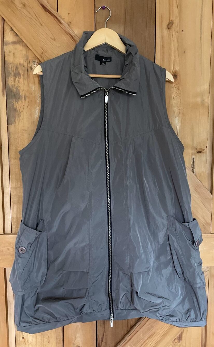 Sun Kim Grey Tunic Utility Style Vest with Pockets Sz XL